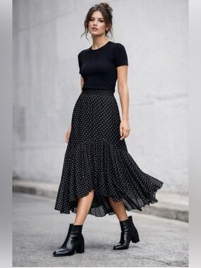 All Saints Black skirt with white dots pleated mesh, asymmetrical hem (Size 8)